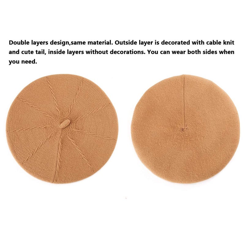 LADYBRO Women Beret Hat Beanie Winter Warm Slouchy Tan Knit Cap 2 Layers Wool Blend Soft - Image 2